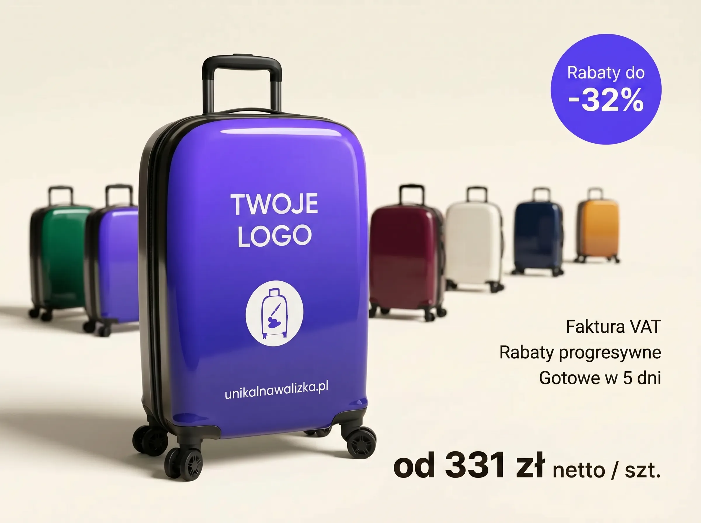 Fioletowa walizka z napisem Twoje logo wśród kolorowych walizek firmowych — rabaty B2B do 32%